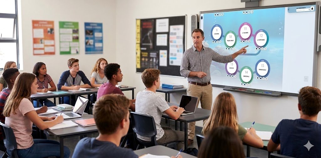 Un docente spiega il LAB in classe utilizzando la lavagna interattiva con la piattaforma proiettata